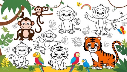 Naklejka premium Each page showcases a friendly animal in a playful pose, set against a simple background that allows for creative coloring without overwhelming details.