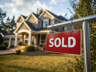 a two story american style house with a red SOLD sign in the front yard