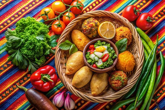 Vibrant Bolivian dishes, including papas rellenas, salte&ntilde;as, and humitas, fill a traditional woven basket, surrounded