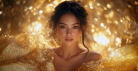 a stunningly beautiful woman in a gorgeous gold dress. gorgeous portrait woman in a luxurious golden dress. copy space.