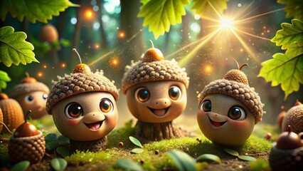 Vibrant cartoon acorns with smiling faces and expressive eyes, surrounded by green leaves and sparkles, nestled in a