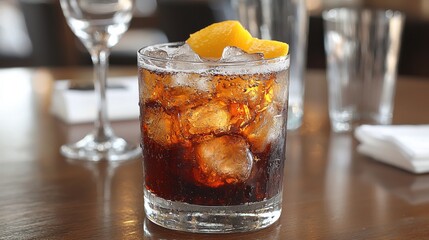 A refreshing glass of cola with ice and lemon garnished, served in a cozy café during a warm afternoon
