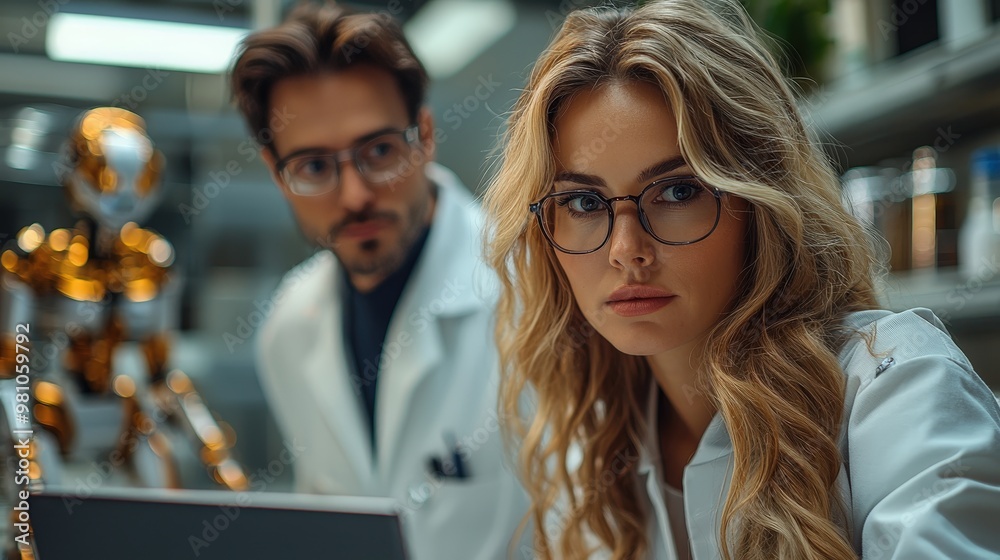 Poster Two researchers are intensely working on a robotics project in a high-tech laboratory, analyzing data and discussing artificial intelligence concepts while a robot stands nearby