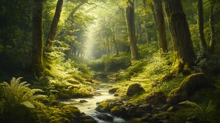 Obraz premium Lush and Verdant Forest Landscape with Towering Ancient Trees and Serene Woodland Stream