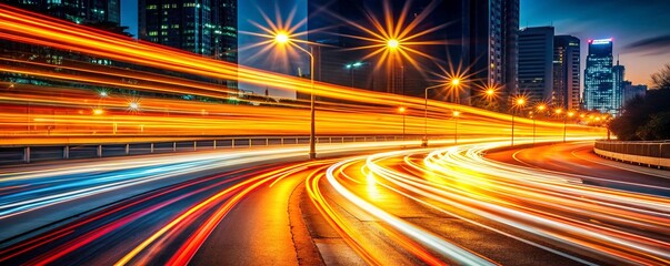 Light trails from fast moving vehicles captured on a busy highway in an urban cityscape during nighttime with modern skyscrapers illuminated by city lights in the background