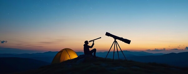 Solo camper on a hill, telescope aimed at the night sky, camping stargazing, intimate connection with the cosmos
