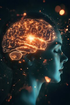 Sparkling brain in profile view with vibrant highlights.