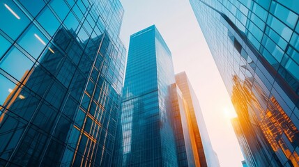 Fototapeta premium Futuristic cityscape with glass skyscrapers reflecting the sunlight, capturing the essence of modern architecture and financial success