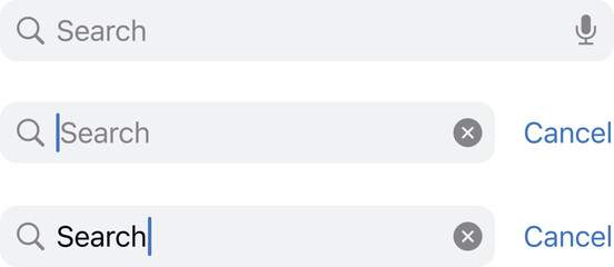Search Field, State, Placeholder, Focused, Typing, magnifying, cross, close, Type. Search bar boxes set. Web UI elements for browsers with text field and button for UI.