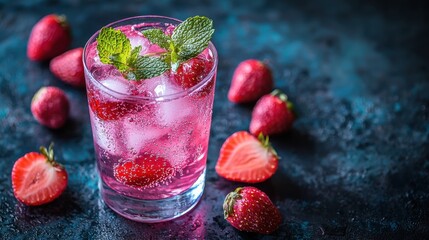 Refreshing sparkling drink with strawberries and mint on a dark background during summer