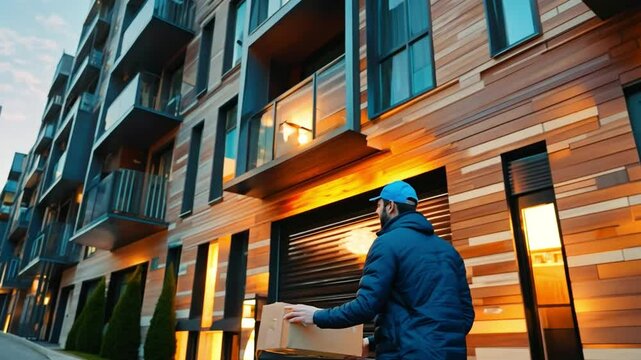 Delivery person passing a package to a recipient in front of a modern apartment building in the city.