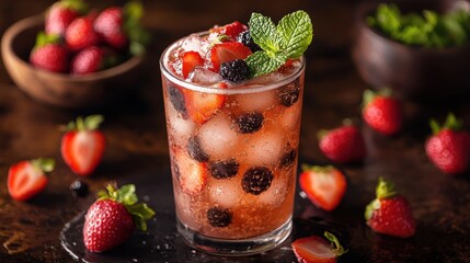 Refreshing berry beverage with mint served in a clear glass, surrounded by fresh strawberries and blackberries in a rustic setting