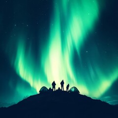 Fototapeta premium Wide shot of campers on a ridge, watching the Aurora Borealis, camping stargazing, northern lights in all their glory