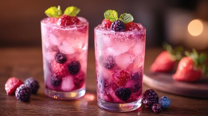 Refreshing summer mocktails with vibrant berries served in clear glasses on a wooden table in a cozy setting