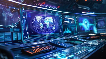 A futuristic spacecraft control deck with Earth displayed on a central screen amid advanced equipment. Blue lighting and tech elements hint at space exploration excitement.