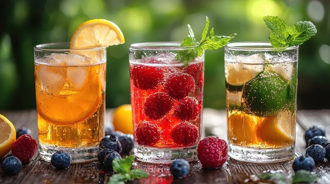 Refreshing summer beverages with fresh fruit and mint served on a wooden table in a vibrant outdoor setting