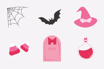 Set of pink Halloween elements: bat, witch hat, candy, tombstone, potion. Trendy coquette style illustration