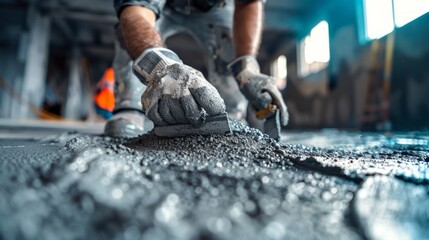Construction worker in grey uniform applying cement indoors with trowel. Gloved worker in spacious room, no other people visible.