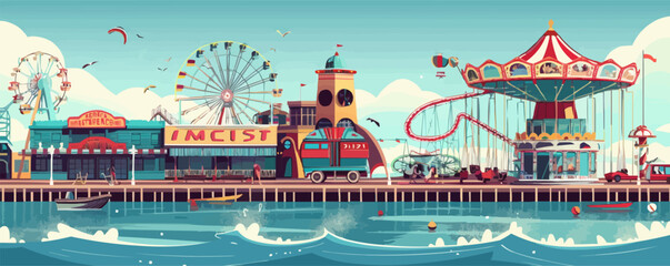 Nostalgic seaside boardwalk with vintage amusement rides and games, flat, vector illustration, Vintage hand drawn.