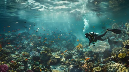 Fototapeta premium Illustration of A stunning underwater scene, a diver exploring a coral reef, collecting ocean plastic, symbolizing the freedom to protect the environment and live a zero waste lifestyle