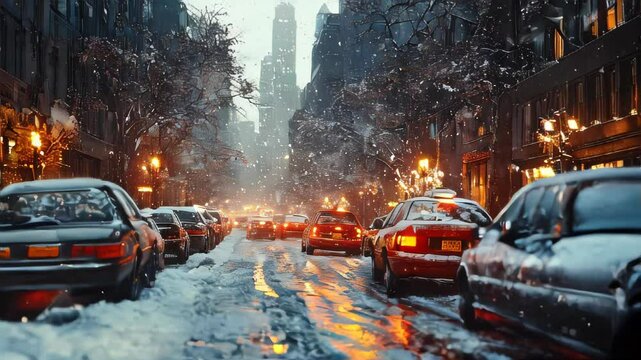 cars are parked in the winter. the ice melts and leaves water and streaks. cars in the snow at dawn, morning sun in winter