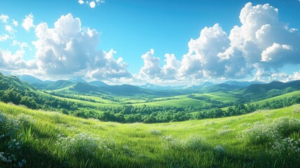 Obraz premium Breathtaking Summer Landscape Featuring Blue Skies and Rolling Hills for Various Uses