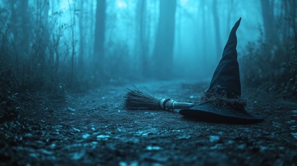 A Witch's Hat and Broom Abandoned in a Foggy Forest