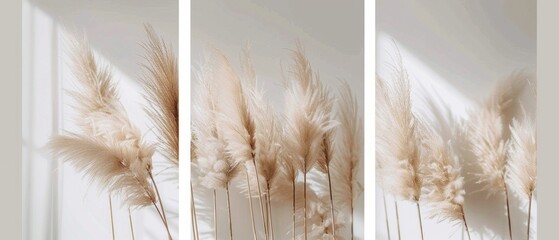 A triptych on a white backdrop with light brown pampas grass flowers, arranged harmoniously to create a visually pleasing pattern. Sunlight adds beauty with delicate shadows,