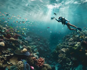 Fototapeta premium Illustration of A stunning underwater scene, a diver exploring a coral reef, collecting ocean plastic, symbolizing the freedom to protect the environment and live a zero waste lifestyle