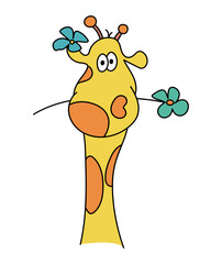 Cartoon giraffe holding a flower. Hand drawn on white background.