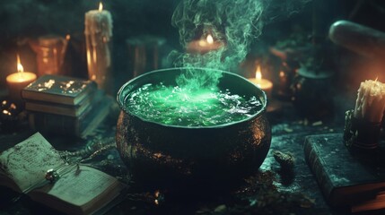 A cauldron of green potion, steaming and bubbling, surrounded by candles and old books