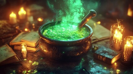 A cauldron of bubbling green potion with steam rising from its surface, surrounded by candles and old books on a wooden table