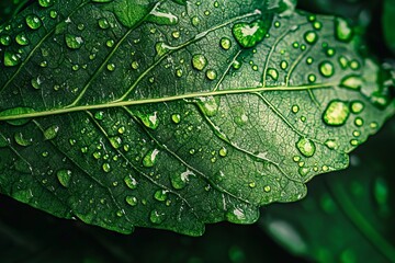 Fototapeta premium Ultra-Realistic Close-Up of Fresh Green Leaf with Water Drops, Green Nature Background AI generated illustration