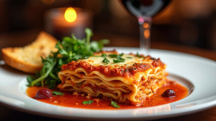 An appetizing, delicious lasagne dinner served in a luxury restaurant accompanied by red wine.