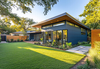 A beautiful, modern house with gray and blue exterior walls, featuring large windows that capture the natural light. The yard is well-maintained with lush green grass surrounded by wooden fences and p