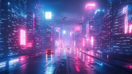 Obraz premium Aerial perspective of a high-tech city, filled with neon-lit buildings and holograms glowing brightly in the dark night, with flying drones and electric vehicles in motion, Sci-Fi, Illustration