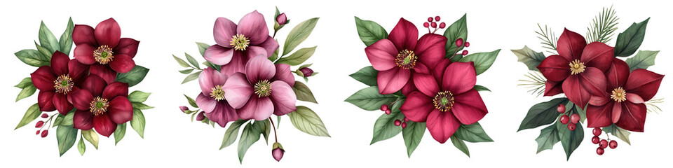 Fototapeta premium A stunning collection of floral arrangements featuring vibrant pink and red blooms with lush green leaves, perfect for decoration.