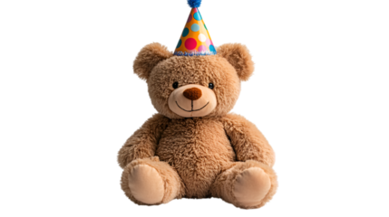 a stuffed bear wearing a party hat. 