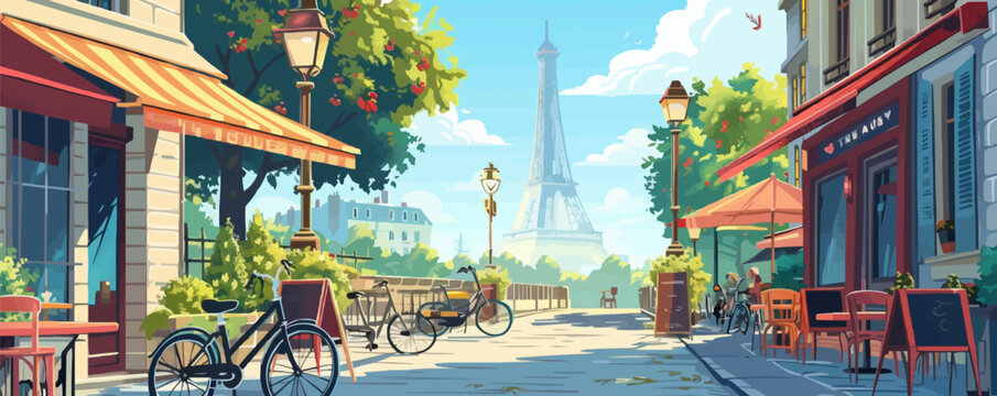 Charming Parisian street with cafes, bicycles, and the Eiffel Tower in the background, flat, vector illustration, Sketch.