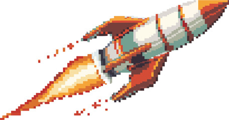 Obraz premium Pixelated space rocket icon pixel art on white isolated background, vector design.