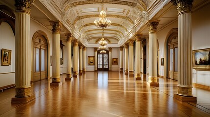 Magnificent Vintage Style Museum Interior with Elegant Marble Columns and Ornate Baroque Decor