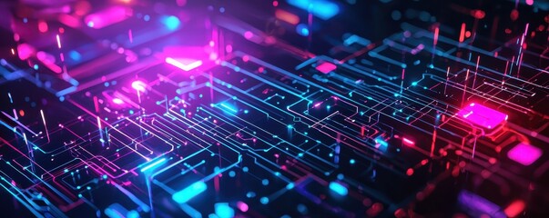 Obraz premium Futuristic neon glowing circuit board background with vibrant colors and dynamic lights, representing technology and innovation.