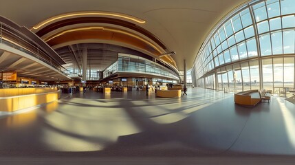 Bustling Airport Terminal with Towering Glass Atrium and Warm Modernist Architecture