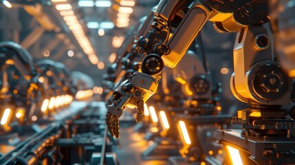 Fototapeta premium Robotic arms working on assembly line in factory. Concept of artificial intelligence for industrial revolution and automation manufacturing process
