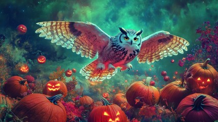 Fototapeta premium Majestic Owl Flying Over Halloween Pumpkin Patch