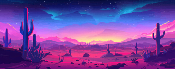Neon desert scene, glowing cacti and starry sky, serene landscape, neon style, vector illustration, flat style.
