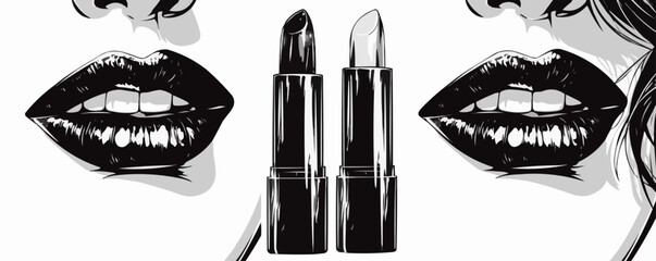 Obraz premium Classic pin-up lipstick tube with an open cap, vector illustration, pin-up style, imitation of a scratch board, black and white image.