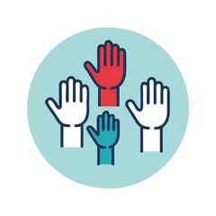Icon of four hands raised together in a colorful design on a circular background