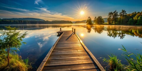 Fototapeta premium Serenity abounds as morning sun casts a warm glow on a tranquil lake, empty wooden pier stretching out, inviting contemplation and inner peace.