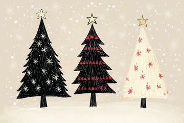 Watercolor hand drawn Christmas trees and ornaments on trees on white background